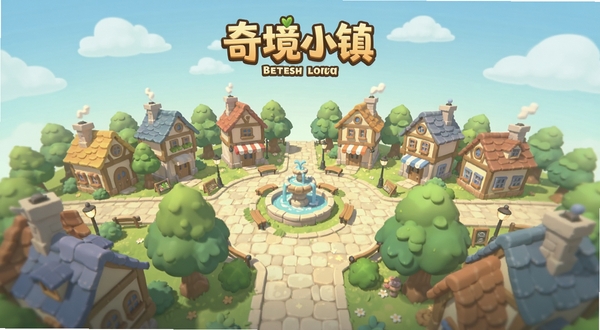 奇境小镇游戏主界面全景,画面中央是卡通风格的小镇广场,四周分布着色彩柔和的房屋、绿树与喷泉,天空呈淡蓝色带几朵白云,整体采用温暖治愈的插画风格,细节丰富,适合作为游戏宣传头图