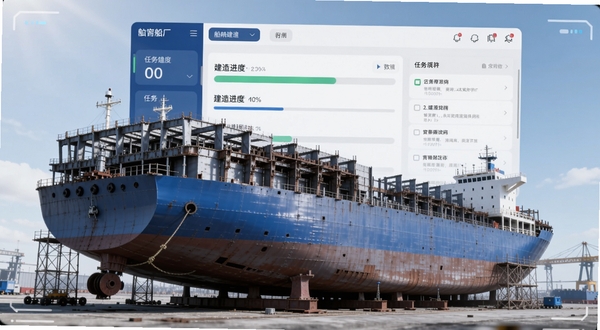 画面中央是一艘正在建造中的大型货轮分段,船体钢结构骨架清晰可见,背景是数智船厂移动端应用界面悬浮在半空,界面显示船舶建造进度条与任务列表,整体色调为工业蓝与科技银,光线明亮,写实风格,适配Boogu模型生成。