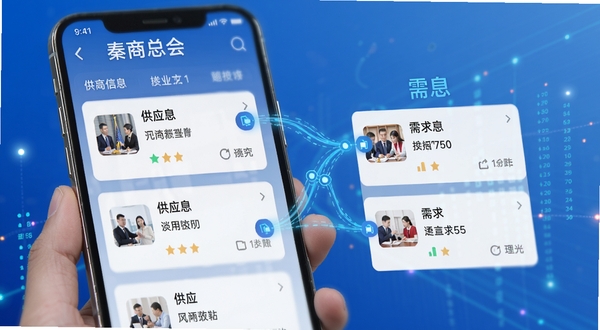 秦商总会APP供需对接功能界面特写,画面展示一部智能手机,屏幕显示供需信息列表,左侧为供应信息卡片,右侧为需求信息卡片,中间有智能匹配的连线动画效果;背景为简洁的商务蓝渐变,点缀一些数据流动的光点,体现信息精准匹配的科技感与商务属性,适合Boogu模型生成。