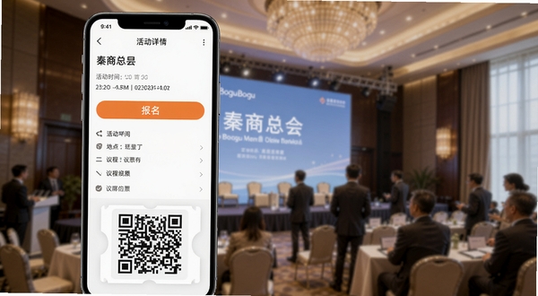 秦商总会应用内活动报名与电子票务界面,画面主体为手机屏幕显示活动详情页,包含活动时间、地点、议程和醒目的报名按钮,下方有一张电子票二维码;背景为一场高端的商务会议现场虚化图,灯光柔和,体现线下活动的品质感与线上工具的便捷性,适合Boogu模型生成。