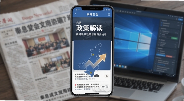 秦商总会应用资讯页面,手机屏幕显示新闻列表,头条区域为醒目的政策解读标题,下方配以陕西地图轮廓和上升箭头图标;背景为虚化的报纸与电子屏幕结合的纹理,体现信息聚合与权威发布的视觉感受,适合Boogu模型生成。