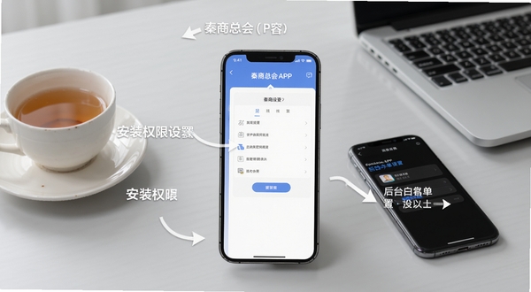 秦商总会APP使用教程示意图,画面以手机截图形式展示安装权限设置步骤和后台白名单设置界面,配以简洁的箭头和文字说明;背景为浅灰色办公桌面,有一杯茶和一部手机,体现轻松学习使用的氛围,适合Boogu模型生成。