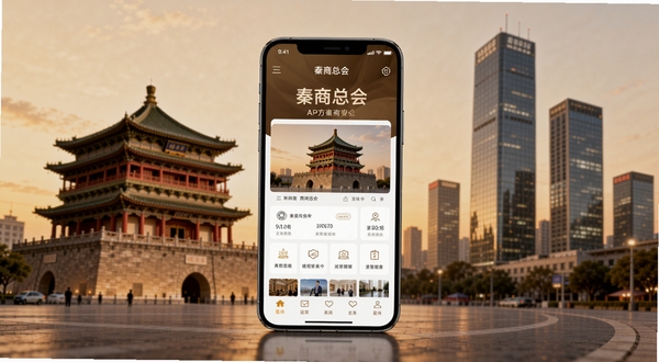 秦商总会APP官方宣传图,画面主体为一部智能手机竖屏展示秦商总会首页界面,背景为西安钟楼与现代化写字楼交相辉映的商务场景,暖色调商务风格,高清细节,Boogu模型生成