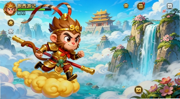 整体画面以跑跑西游记游戏主界面为核心,画面中央偏左位置展示孙悟空角色身着黄金战甲、脚踏筋斗云的奔跑姿态,背景区域为天宫云海与花果山瀑布交相辉映的东方神话场景,色彩明亮饱满,风格为Q版卡通渲染,适合安卓游戏宣传图。