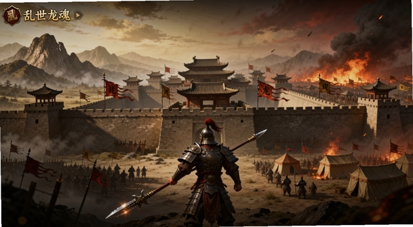 乱世龙魂游戏主界面全景,画面中央是雄伟的洛阳城池,城墙高耸旌旗猎猎,背景区域左侧为连绵山脉右侧为燃烧的战场营帐,前景站立一位身披玄甲手持长枪的武将背影,整体色调暗金与赤红交织,国风写实风格,史诗战争氛围,高细节,电影级光影