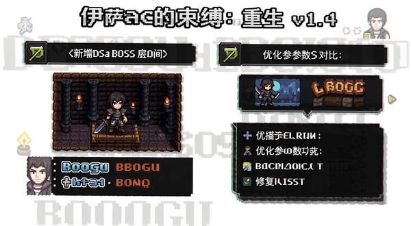 伊萨克的束缚:重生 v1.4版本更新内容展示图,画面中列出新增boss房间、优化参数对比与修复列表,像素风格图标点缀,Boogu模型生成
