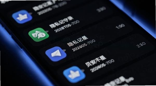 特写镜头展示手机屏幕上的权限记录时间线,屏幕中列出多个应用图标与权限调用时间,背景为深色模式界面,周围有淡淡的蓝色光晕,画面清晰锐利,突出贝安星应用的隐私守护功能