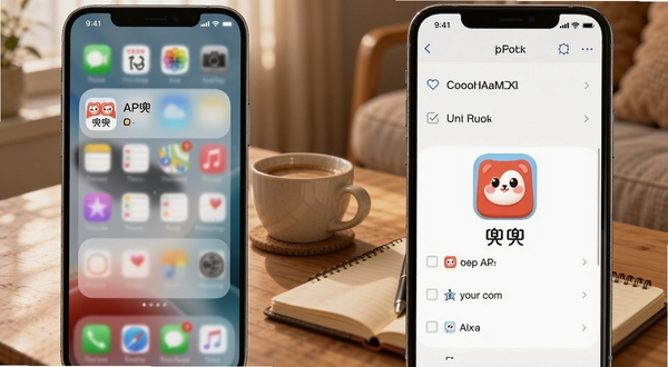 兜兜应用功能展示图,画面左侧是手机桌面小组件,右侧是待办事项列表界面,屏幕中显示兜兜APP的图标和名称,背景为暖色调居家场景,桌上放着咖啡杯和笔记本,整体氛围温馨实用