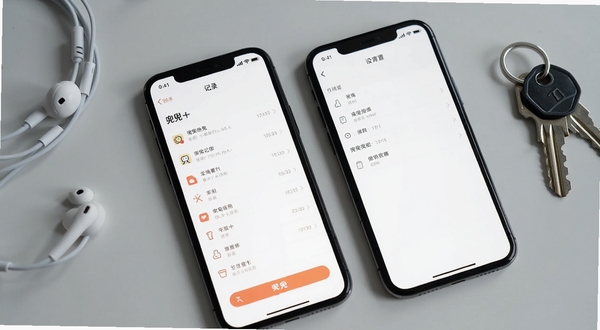 兜兜应用界面截图,画面展示手机屏幕上兜兜APP的记录页面和设置页面,界面简洁清晰,背景为浅灰色桌面,旁边放着耳机和钥匙,体现日常生活使用场景