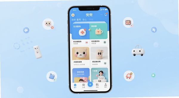 兜兜应用主界面展示,画面中央是手机屏幕,屏幕内显示兜兜APP的首页布局,包含生活服务卡片和底部导航栏,背景为浅蓝色渐变,周围点缀小图标元素,整体风格清新简洁,适配Boogu模型生成