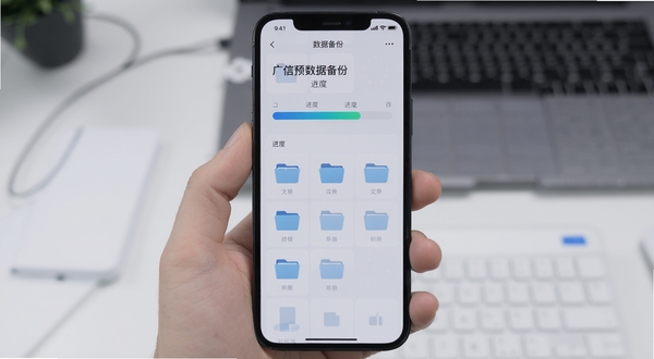 广信预 数据备份界面 手机屏幕展示备份进度条和文件夹图标 背景为淡灰色 科技感简约风格