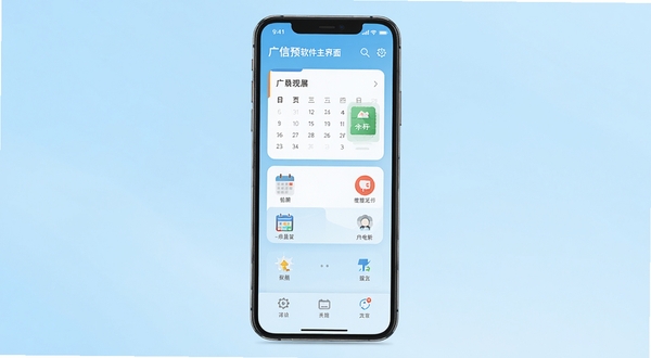 广信预 软件主界面 手机屏幕居中展示 背景为浅蓝色渐变 界面包含日程卡片和功能图标 扁平化设计风格 高清渲染