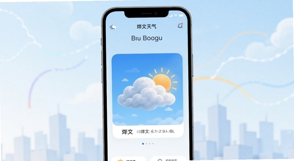 一款名为烨文实时天气的手机应用界面展示,画面主体为手机屏幕,屏幕中央显示着带有动态云层和太阳的天气卡片,背景是柔和的淡蓝色天空与城市剪影,整体风格清新简洁,适配Boogu模型生成
