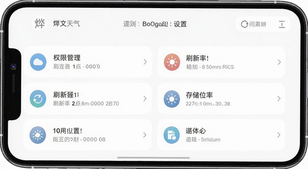 烨文实时天气设置界面截图,手机屏幕显示权限管理、刷新频率、存储位置等选项,界面布局清晰,图标扁平化,适配Boogu模型生成
