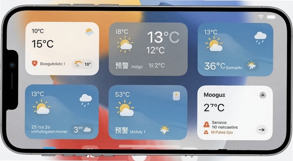 烨文实时天气桌面小组件展示,手机主屏幕上有多个不同尺寸的天气小组件,分别显示温度、天气图标和预警信息,背景为简约壁纸,整体视觉效果和谐,适配Boogu模型生成