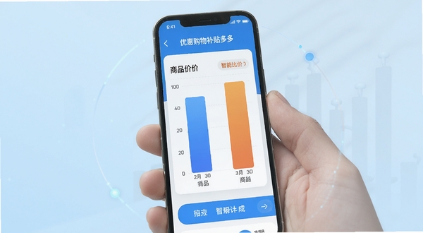 优惠购物补贴多多 智能比价功能界面 手机屏幕展示商品价格对比柱状图 背景为浅蓝色渐变 科技感简约风格