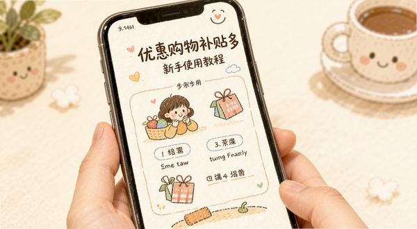优惠购物补贴多多 新手使用教程界面 手机屏幕展示操作步骤指引 背景为柔和米色 手绘插画风格 温馨友好