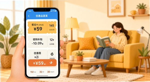 优惠购物补贴多多 手机购物省钱界面展示 主体为手机屏幕中显示优惠券列表与补贴金额 背景为温馨家居购物场景 明亮色调 扁平化设计风格