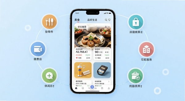 品好生活周边生活信息聚合功能展示,画面中央一部手机屏幕显示美食推荐与便民服务卡片列表,手机周围环绕小图标代表餐饮、缴费、休闲等场景元素;背景为浅蓝色渐变,整体风格简洁明快,突出本地生活服务主题,适配Boogu模型生成。
