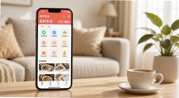 品好生活应用界面全貌展示,画面主体为一部竖屏智能手机放置于画面中央偏左位置,屏幕内显示品好生活APP首页,包含生活服务图标网格与本地资讯卡片列表;背景为柔和暖色调的现代客厅场景,右侧放置绿植与咖啡杯,整体光线明亮自然,风格清新写实,适配Boogu模型生成。