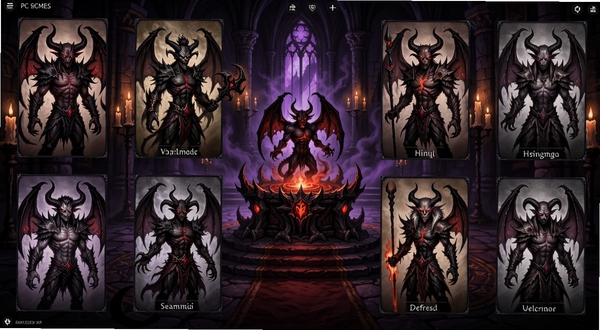 恶魔连结PC电脑版游戏主界面全景展示,画面中央为暗黑风格的恶魔召唤祭坛,四周环绕六位形态各异的恶魔角色立绘,背景区域呈现哥特式城堡内部场景,烛光摇曳、紫黑色调氛围,整体构图突出策略对战游戏的史诗感与神秘感