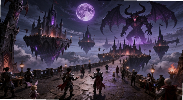 恶魔连结PC电脑版公会领地全景,画面展示漂浮在空中的暗黑城堡群,多位玩家角色站在城堡广场上交流,远处有巨大的恶魔BOSS虚影,天空中悬挂着紫色月亮,整体氛围神秘而热闹