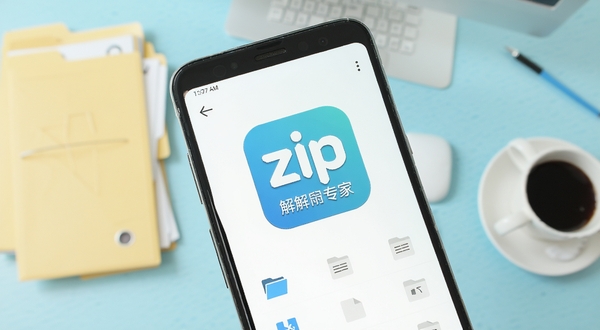 һ���������ֻ���Ļ��д����Ļ������ʾzip��ѹר�ҵ�����ͼ��ͼ����ļ��б����棬������ǳ��ɫ�İ칫���棬����ɢ���ż����ļ��к�һ�����ȣ���������ˬ�ִ����ʺϰ�׿��������վʹ��