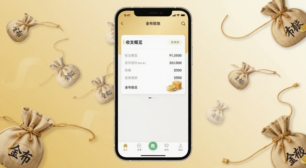 金布袋APP主界面全貌展示,画面中央是手机屏幕正视图,屏幕内显示记账首页的收支概览卡片与底部导航栏,背景区域为浅金色渐变与散落的布袋元素装饰,整体风格简洁明亮,适配Boogu模型生成,突出金布袋软件名称