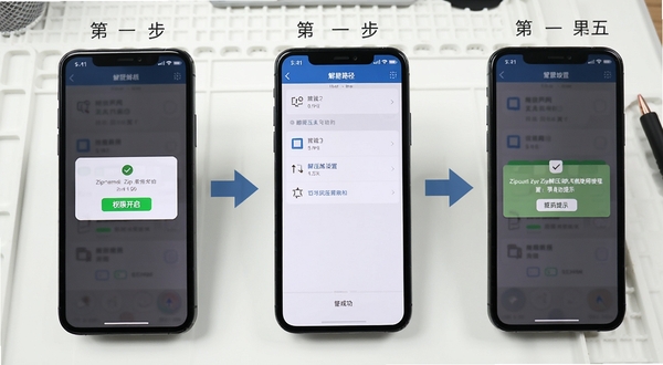 zip解压专家使用教程示意图,画面为手机屏幕分步截图,第一步显示权限开启弹窗,第二步显示解压路径设置界面,第三步显示解压成功提示,背景为白色工作台,有箭头指引操作顺序