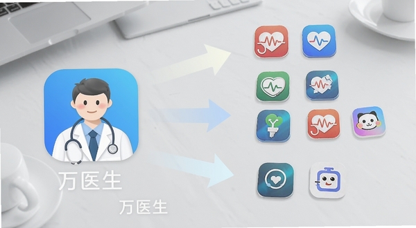 万医生与同类健康应用对比示意图,画面左侧是万医生图标,右侧排列多个健康类应用图标,中间用浅色箭头连接,背景为干净的浅灰桌面,突出万医生软件名称和对比主题