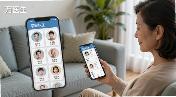 万医生家庭健康档案界面,手机屏幕展示多个家庭成员头像卡片,背景是客厅沙发和绿植,一位中年女性正在用手机查看家人用药记录,画面温馨,突出万医生软件名称在界面左上角
