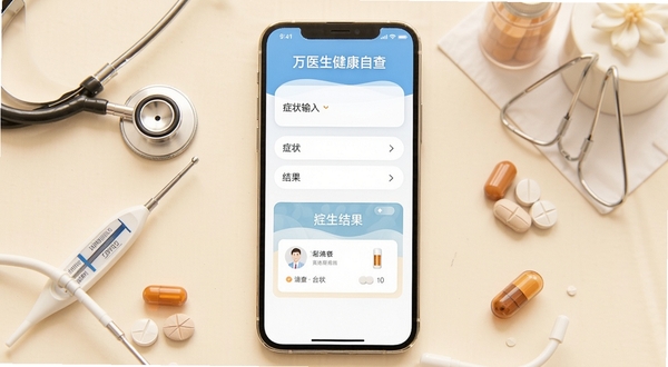 万医生健康自查界面,画面中央是手机屏幕显示症状输入框和结果卡片,周围环绕听诊器、体温计、药片等医疗小物件,背景为柔和米白色,整体色调温暖安心,突出万医生软件名称在屏幕顶部