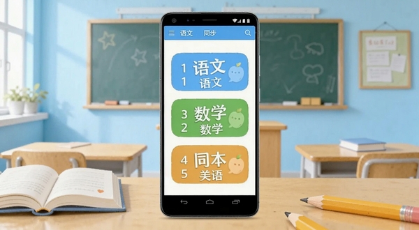 同步小学课堂app主界面展示,画面中央是一部安卓手机,屏幕显示语文、数学、英语课本同步目录,背景为淡蓝色教室场景,有书本和铅笔元素点缀,整体风格清新明快,适配Boogu模型生成