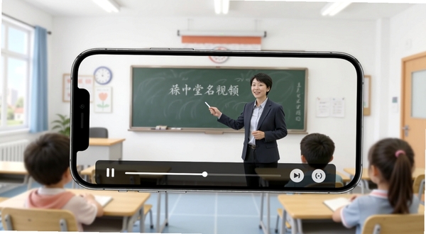 同步小学课堂名师课堂视频播放界面,画面中手机横屏显示老师讲课画面,下方有播放进度条和倍速按钮,背景是简洁的在线教室风格,适配Boogu模型生成