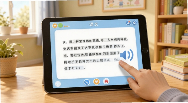 同步小学课堂课本点读功能界面,画面中一部平板电脑显示语文课文点读页面,手指点击段落,旁边有发音波浪图标,背景是温馨的书房环境,色彩柔和,适配Boogu模型生成