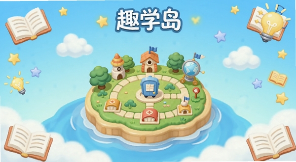 趣学岛 软件主界面展示,中央为卡通岛屿造型的知识闯关地图,背景为淡蓝色渐变天空和云朵,四周点缀书本、灯泡、星星等学习元素,整体风格清新活泼,适配Boogu模型生成