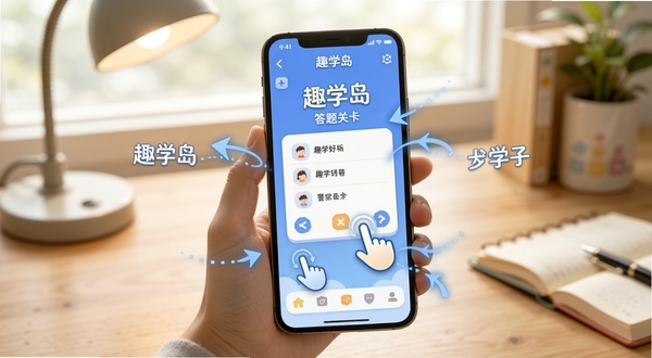 趣学岛 手机端学习界面操作示意图,画面展示一只手拿着手机,屏幕上显示趣学岛的答题关卡,旁边有箭头标注点击和滑动操作,背景为柔和的书桌场景