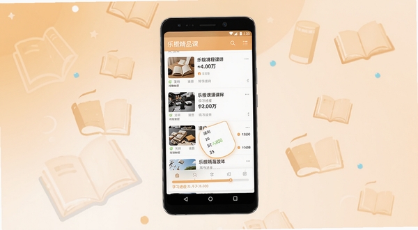 乐橙精品课 手机学习界面展示,画面中央是一部竖向放置的安卓手机,屏幕内呈现课程列表与学习进度条,背景为浅橙色渐变与书本图标点缀,整体风格简洁明快,适配Boogu模型生成