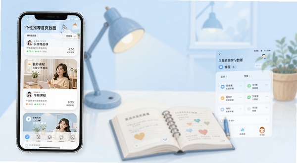 乐橙精品课 个性化推荐首页效果图,手机屏幕显示推荐课程卡片与学习数据面板,背景为淡蓝色学习场景插画,包含台灯、笔记本书桌元素,整体清新自然