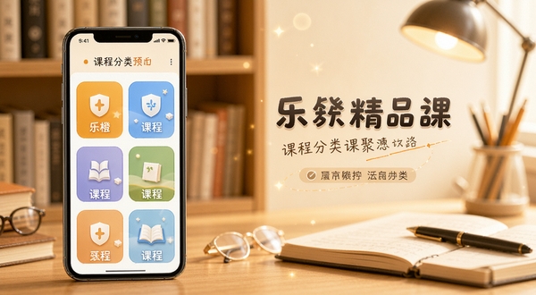 乐橙精品课 课程分类页面预览图,画面主体为手机屏幕中的多宫格课程分类图标,背景区域为柔和的书架与学习文具元素,色调温暖,突出知识聚合感