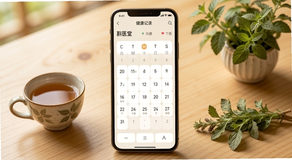 斟医堂软件中个人健康记录页面,手机屏幕显示日历式记录界面,背景为温暖的浅木色,画面中有茶杯和草本植物点缀,整体风格温馨自然