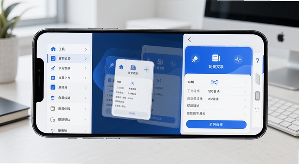 过简艺人应用内多场景功能切换界面示意图,画面展示手机屏幕中不同功能模块的切换动效,左侧为工具列表,右侧为当前选中功能的详细操作面板,整体色调以蓝白为主,界面元素清晰锐利,背景为简洁的办公桌面环境,突出软件的实用性与高效性