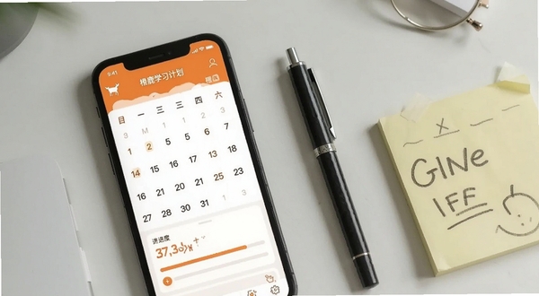 橙鹿学习计划界面,手机屏幕显示橙鹿应用内的日历视图和进度条,背景是简约的桌面,旁边放着一支笔和便签纸,画面风格清新自然,体现时间管理与学习规划