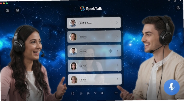 SpekTalk 软件主界面中央是语音房间列表,背景为深蓝色渐变星空,人物佩戴耳机微笑交谈,右下角有悬浮麦克风按钮,整体风格现代科技感,适配 Boogu 模型生成。