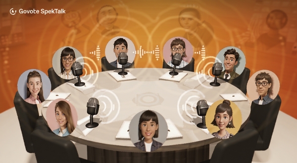 SpekTalk 实时语音房间场景,多位用户头像环绕在虚拟圆桌周围,声波图标从麦克风向外扩散,背景为暖橙色光晕,突出社交互动氛围。