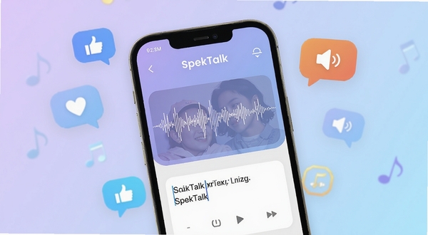 SpekTalk 语音日记发布页面,手机屏幕显示录音波形与文字输入框,周围漂浮着点赞和语音气泡图标,背景为浅紫色渐变,风格清新。