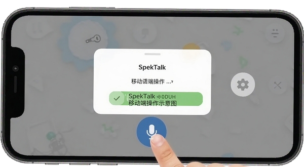 SpekTalk 移动端操作示意图,手指点击麦克风按钮,周围有权限弹窗和设置齿轮图标,背景为手机界面截图风格,简洁明了。