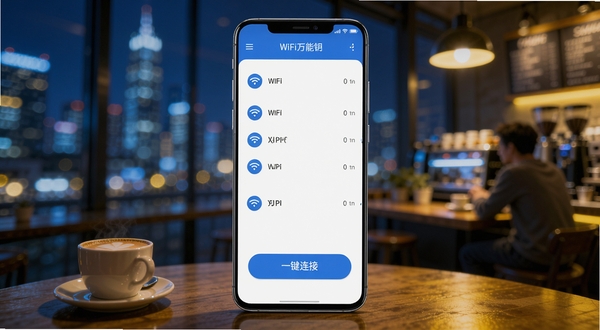一款名为WiFi万能钥免的安卓手机应用界面展示,画面中央是手机屏幕特写,屏幕上显示着周边WiFi列表与一键连接按钮,背景是虚化的城市夜景与咖啡厅环境,整体色调为科技蓝与暖黄光晕交织,突出便捷连网的氛围