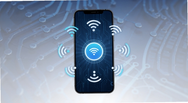 WiFi万能钥免一键连网功能展示图,画面以手机屏幕为主体,屏幕中央有一个发光的连接按钮,按钮周围环绕着多个WiFi信号图标,背景是深蓝色渐变科技纹理,整体风格简洁明快,突出快速连接的主题