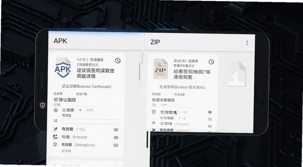 数签签多格式签名读取功能展示图,画面中一部安卓手机屏幕显示APK与ZIP文件的签名详情面板,证书指纹与有效期字段清晰可见,背景为深色科技纹理,风格专业且具有安全感